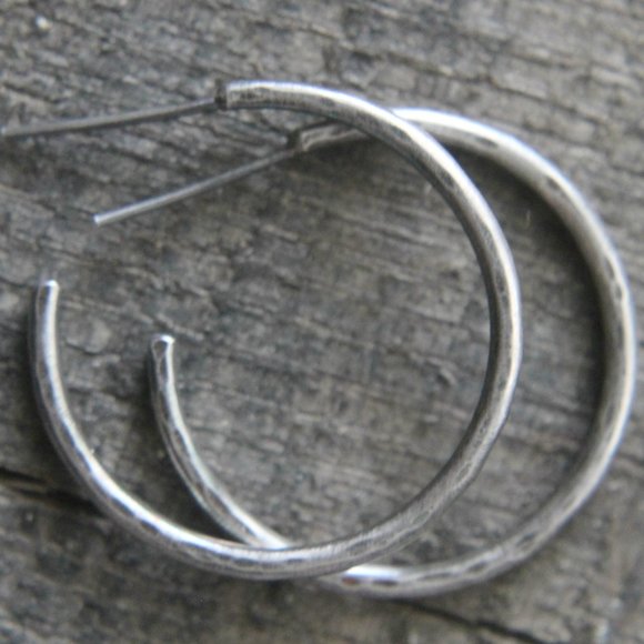 Sterling Silver Hammered Hoop Earrings, Artisan Made, Medium Hoops, Rustic - Picture 2 of 7